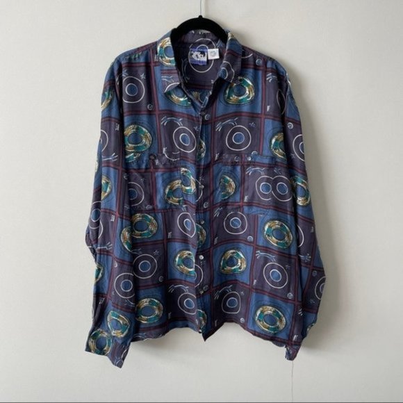 Vintage Abstract Print Silk Button Down Shirt Womens Large - Picture 2 of 6